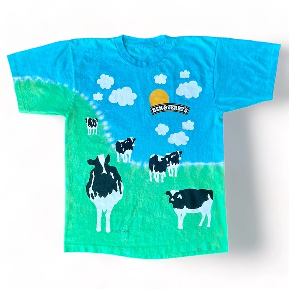 Liquid Blue Other - Vintage 90s Ben & Jerrys Tie Dye Clouds Grass Cows AOP Hippie Shirt Liquid Blue